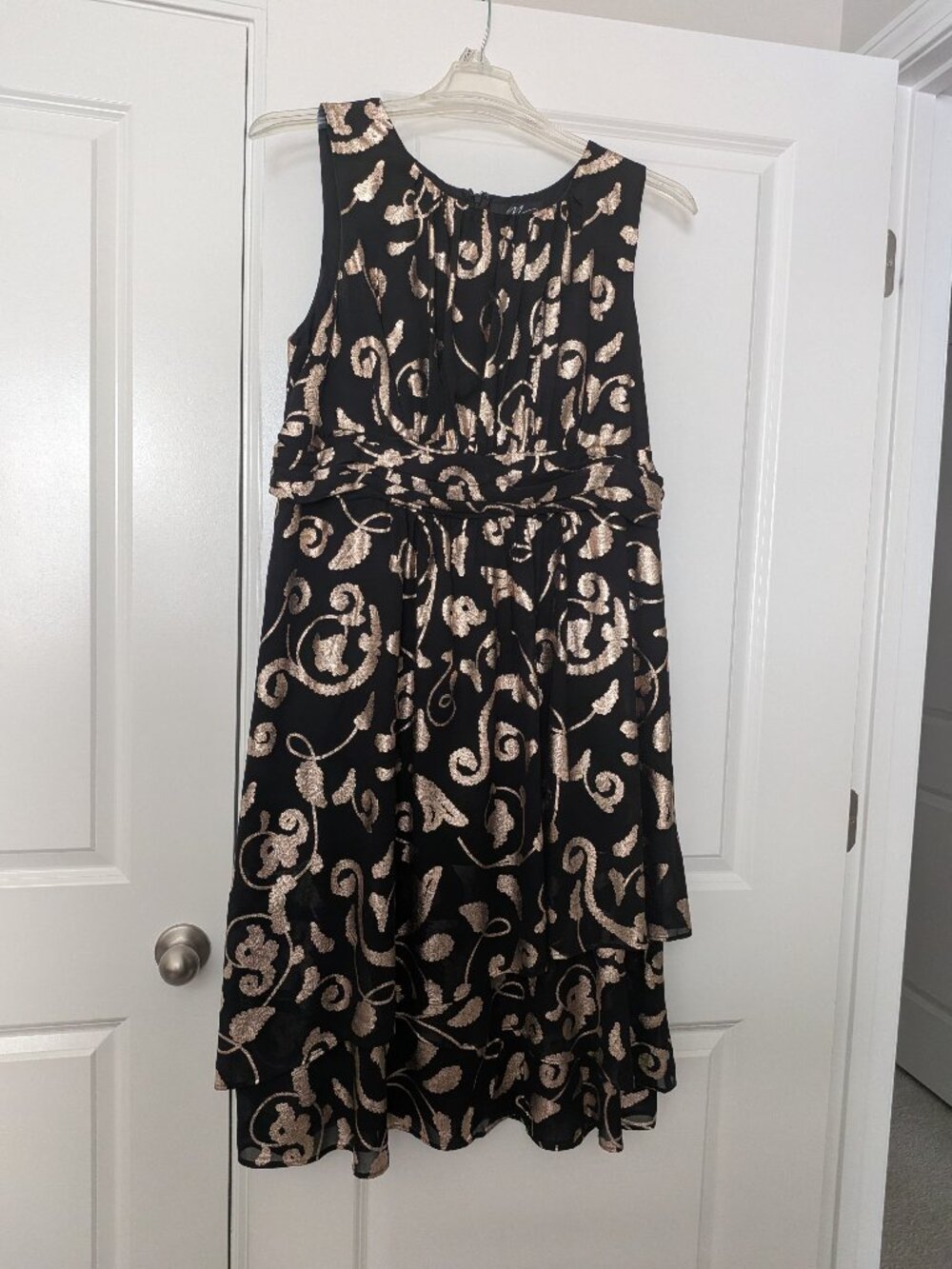 NWOT Midnight Velvet Sleeveless Black Sheath Dress with Gold Embellished Design